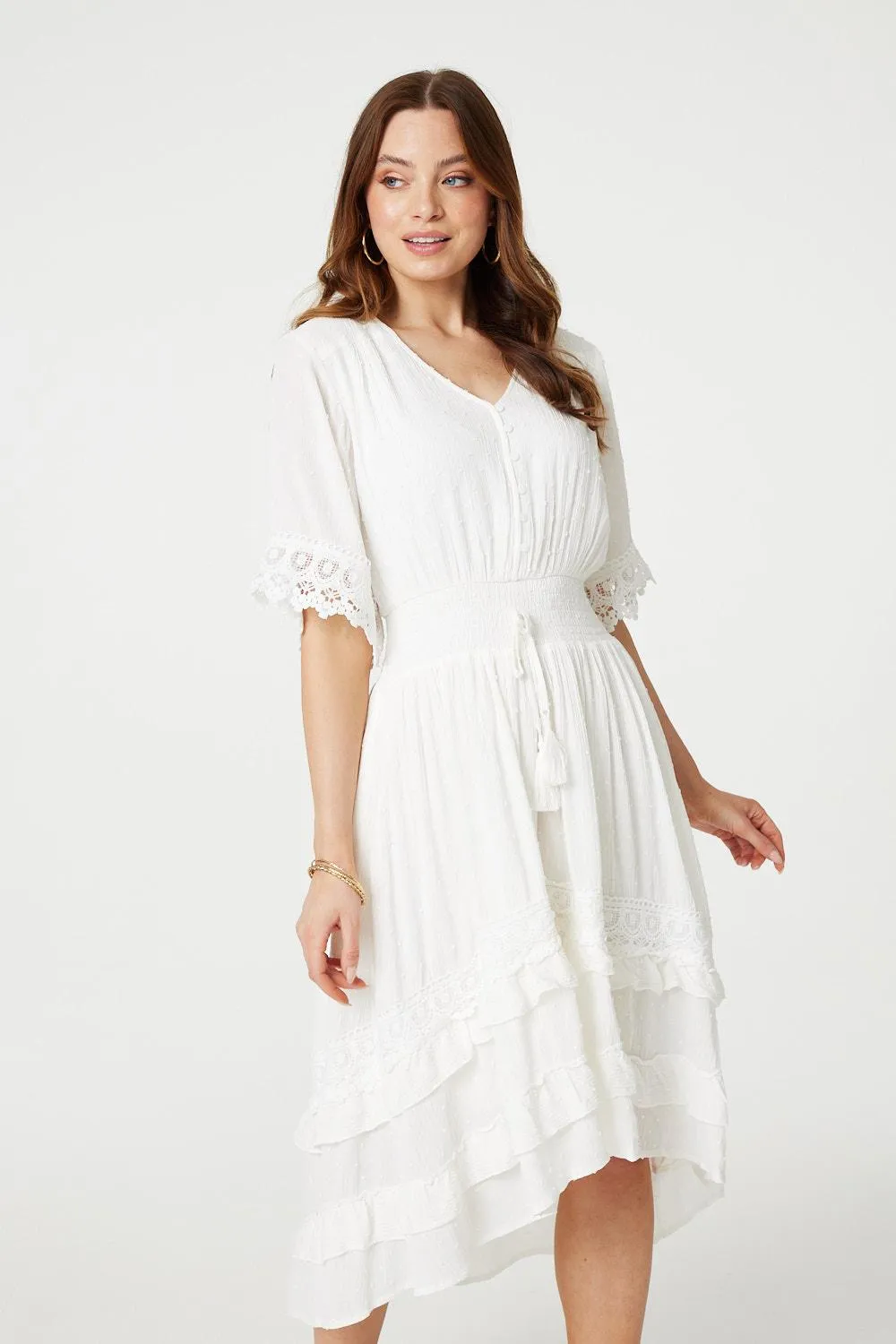 Lace Trim 3/4 Sleeve High Low Sundress