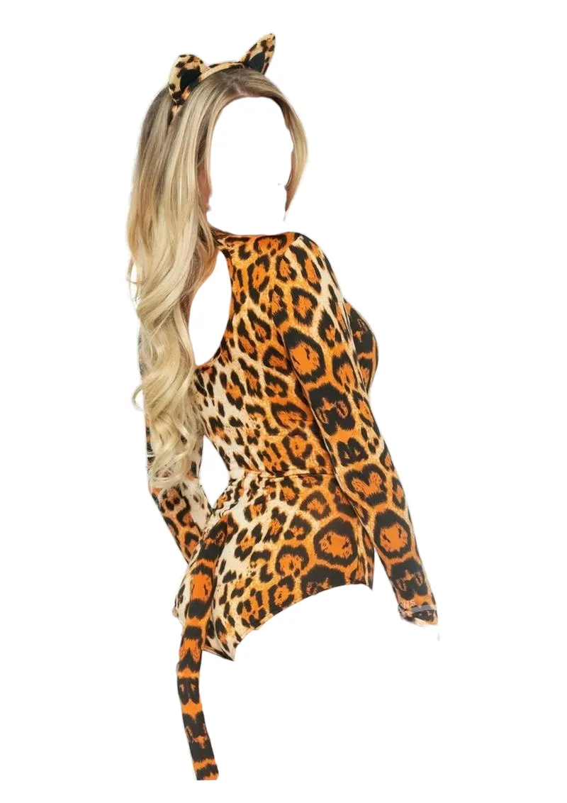 Leg Avenue 2 PC Wildcat Keyhole Teddy with Tail and Ear Headband Leopard