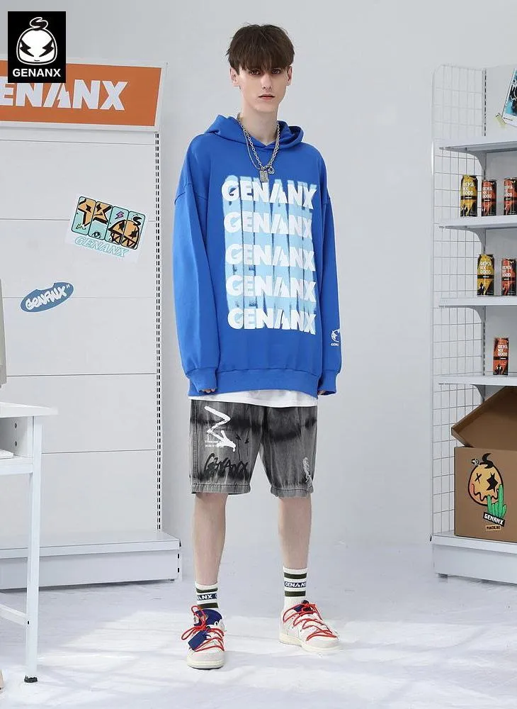 Letter Graffiti Print Drop-Shoulder Sleeve Fine Knit Hoodies