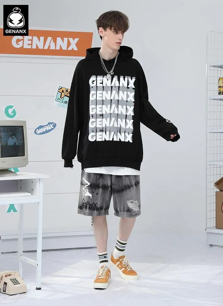 Letter Graffiti Print Drop-Shoulder Sleeve Fine Knit Hoodies