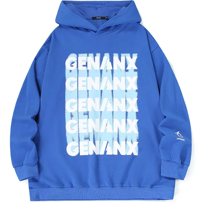 Letter Graffiti Print Drop-Shoulder Sleeve Fine Knit Hoodies