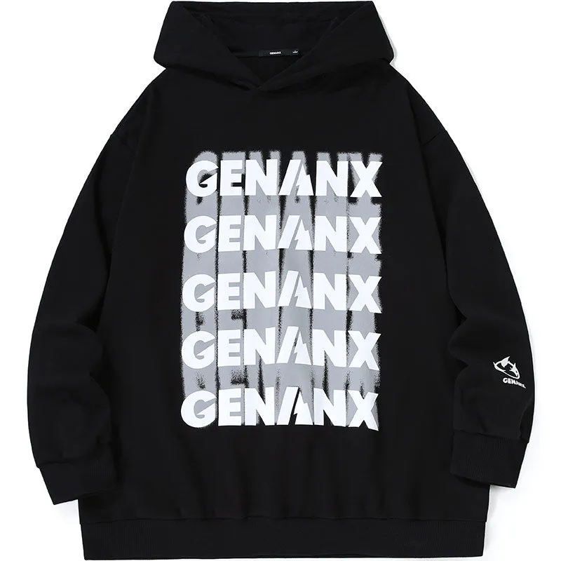 Letter Graffiti Print Drop-Shoulder Sleeve Fine Knit Hoodies