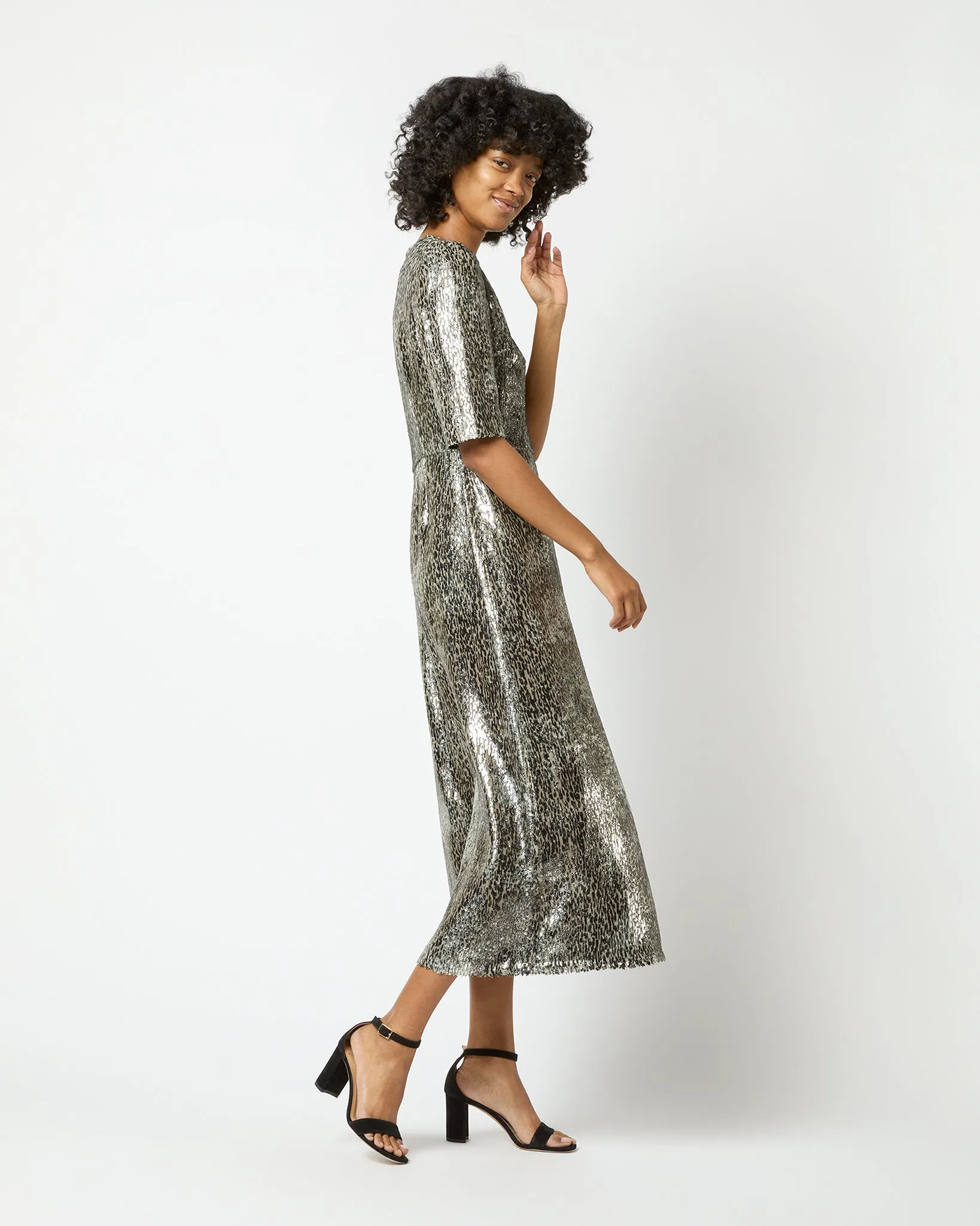 Lois Dress in Olive Metallic Fil Coupé Georgette