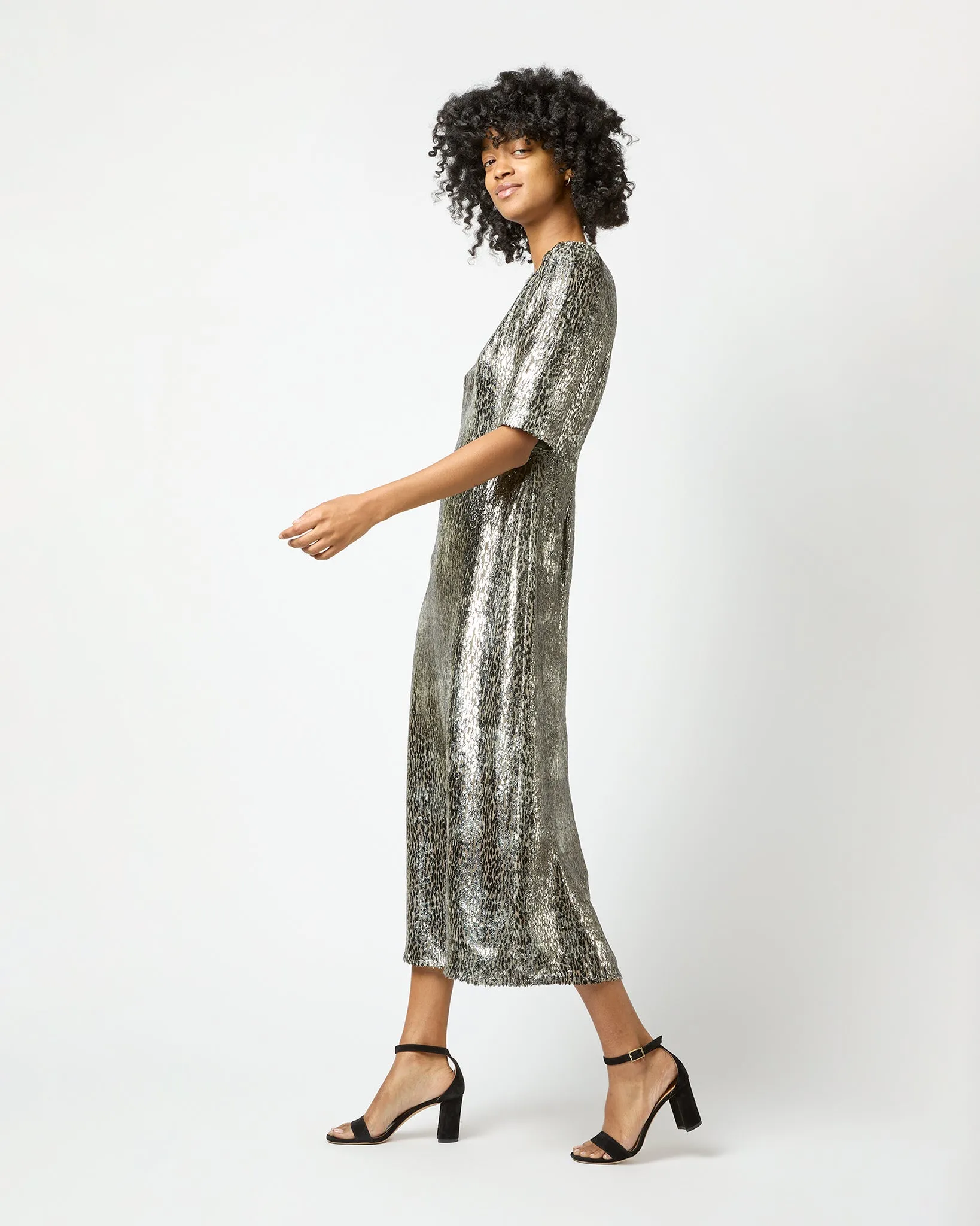 Lois Dress in Olive Metallic Fil Coupé Georgette