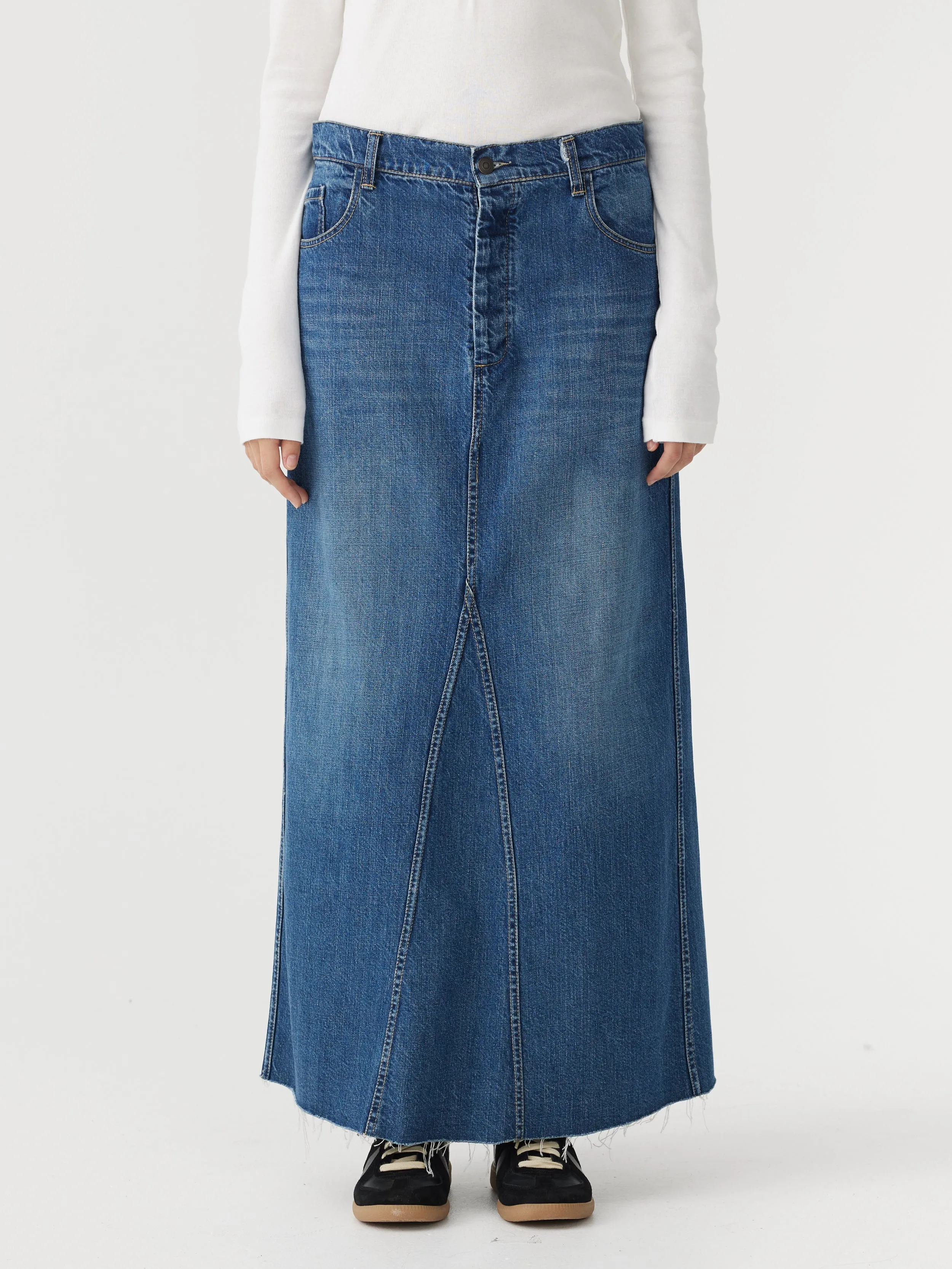 maxi panelled denim skirt