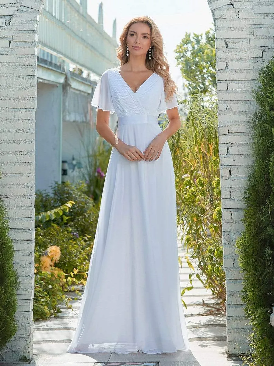 Minimalist Maxi Chiffon Beach Wedding Dress with Satin Belt