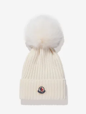 Moncler Enfant Girls Wool Beanie Hat With Pom Pom in White