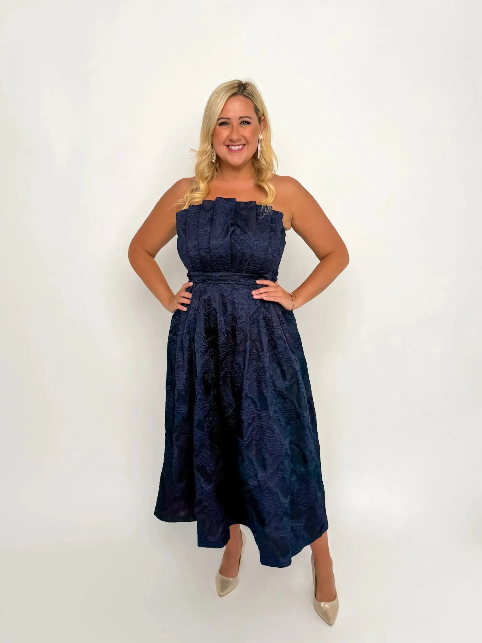 Navy Strapless Floral Midi Dress