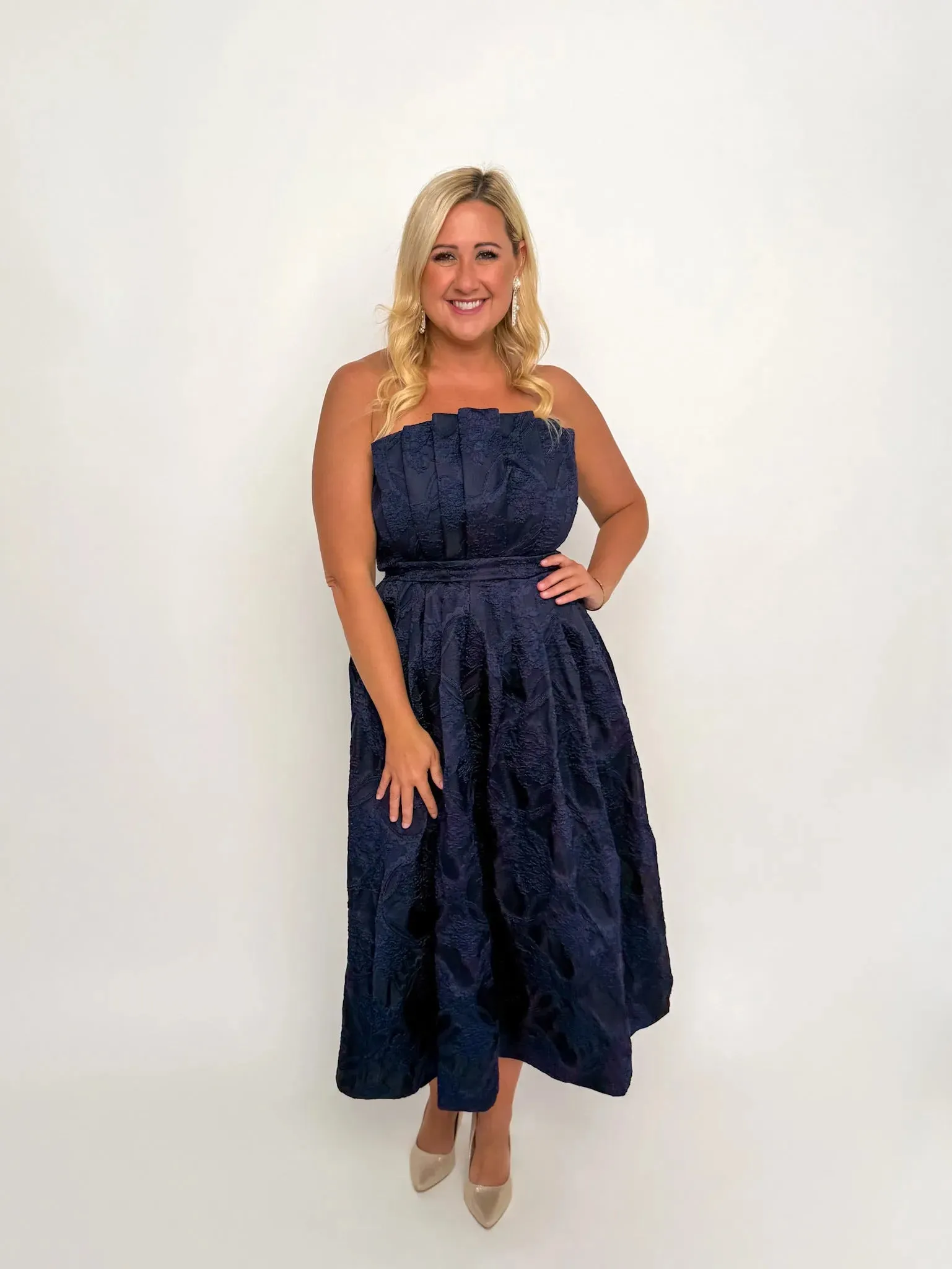 Navy Strapless Floral Midi Dress