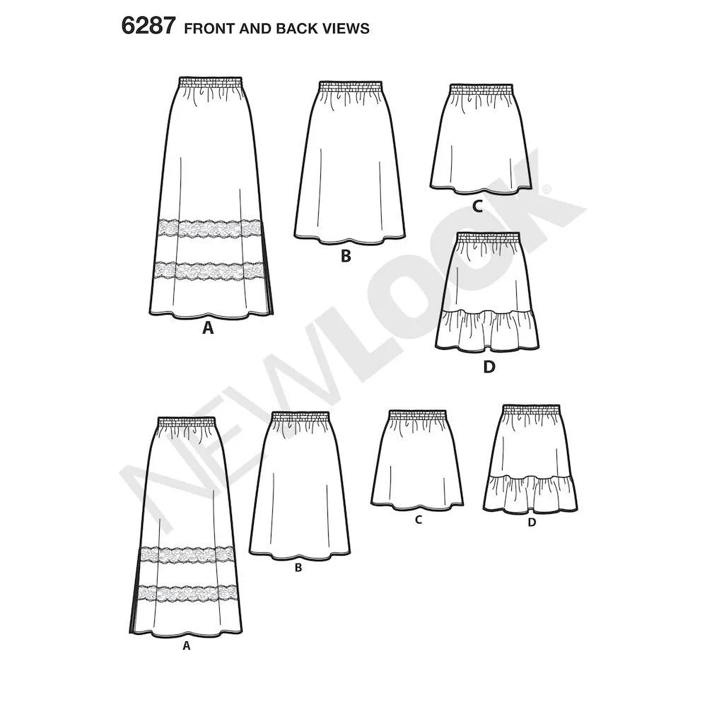 Newlook Pattern 6287 Misses' Pull on Skirt in Four Lengths