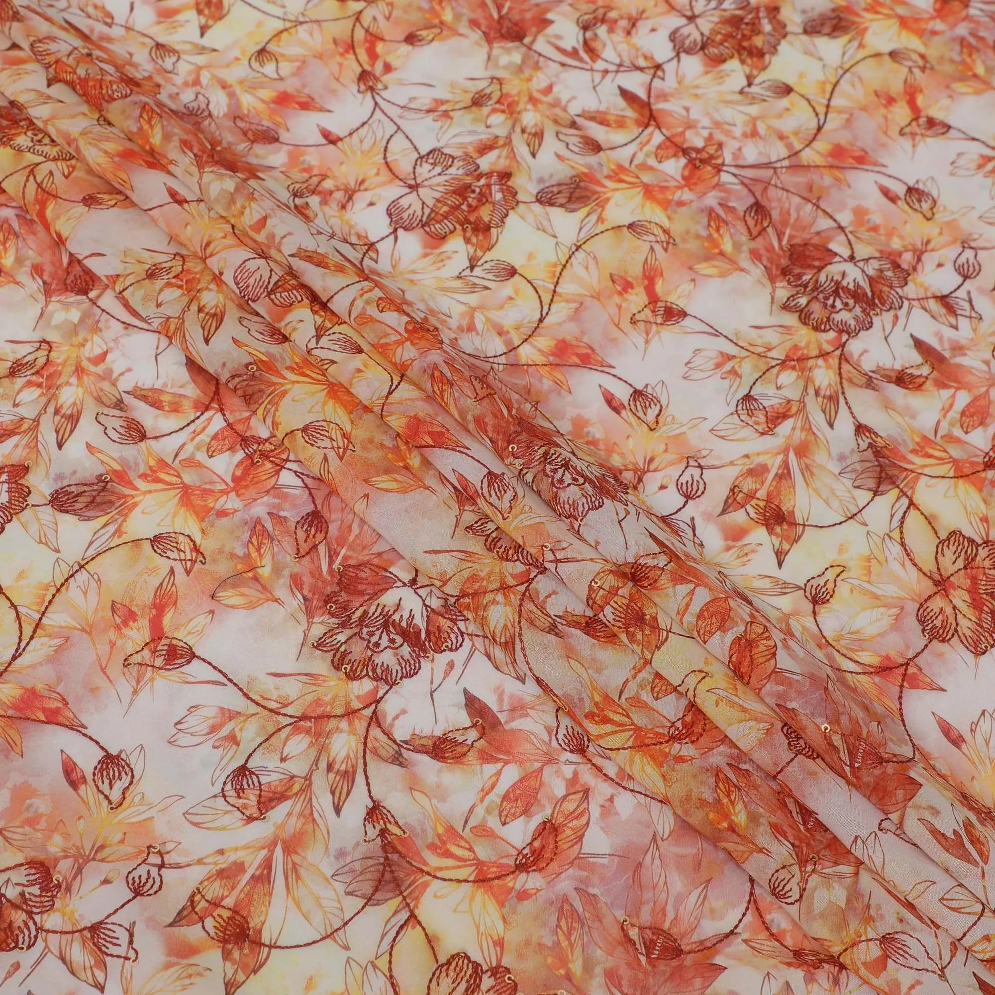 Off white Premium pure cotton voile fabric with crimson red embroidery having multicolor print in Leaf design-D13244