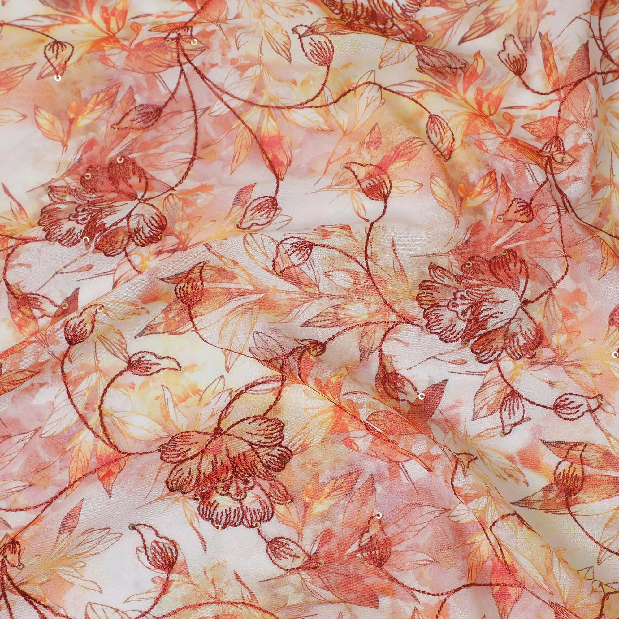 Off white Premium pure cotton voile fabric with crimson red embroidery having multicolor print in Leaf design-D13244