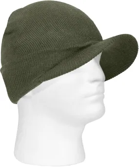 Olive Drab - Black - 100% Acrylic Double Layered Visor Jeep Watch Cap Warm Beanie Winter Hat w/ Brim