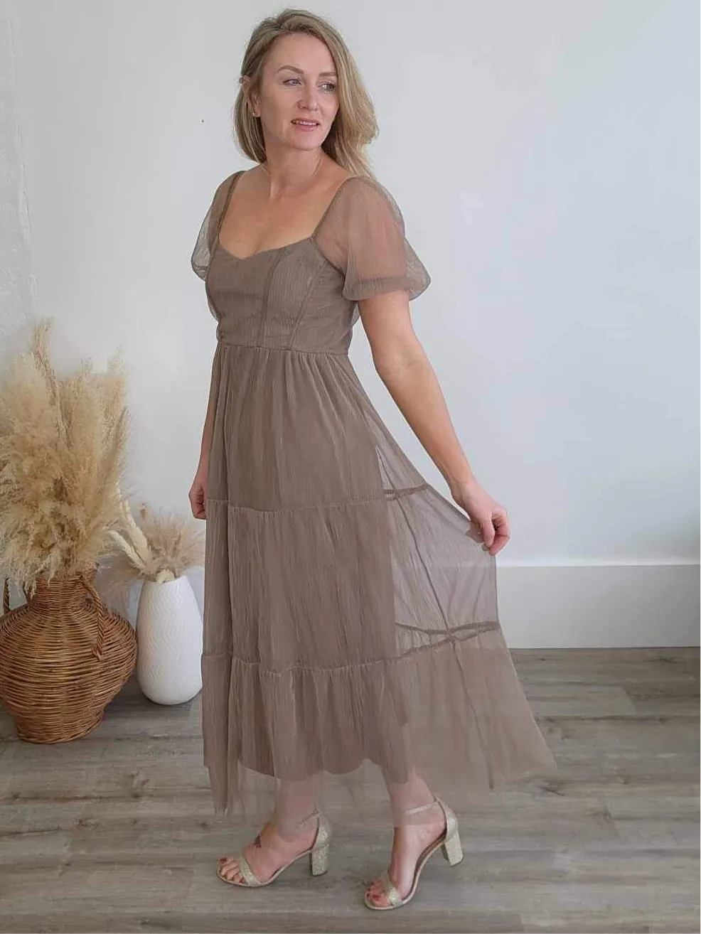 Organza Puff Sleeve Midi Dress - Mocha