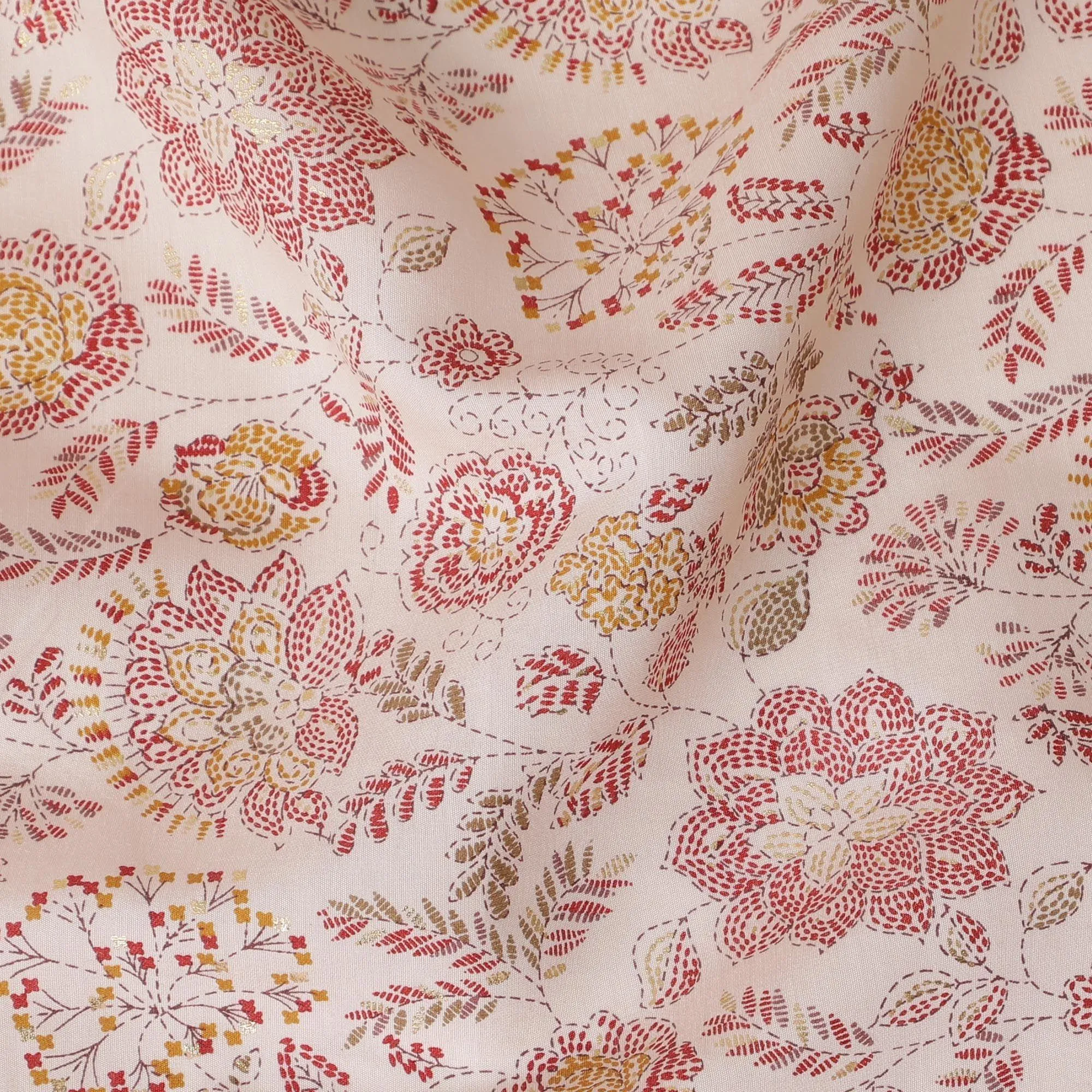 Peach chanderi viscose fabric with crimson red, gold and brown print in floral design-D15431