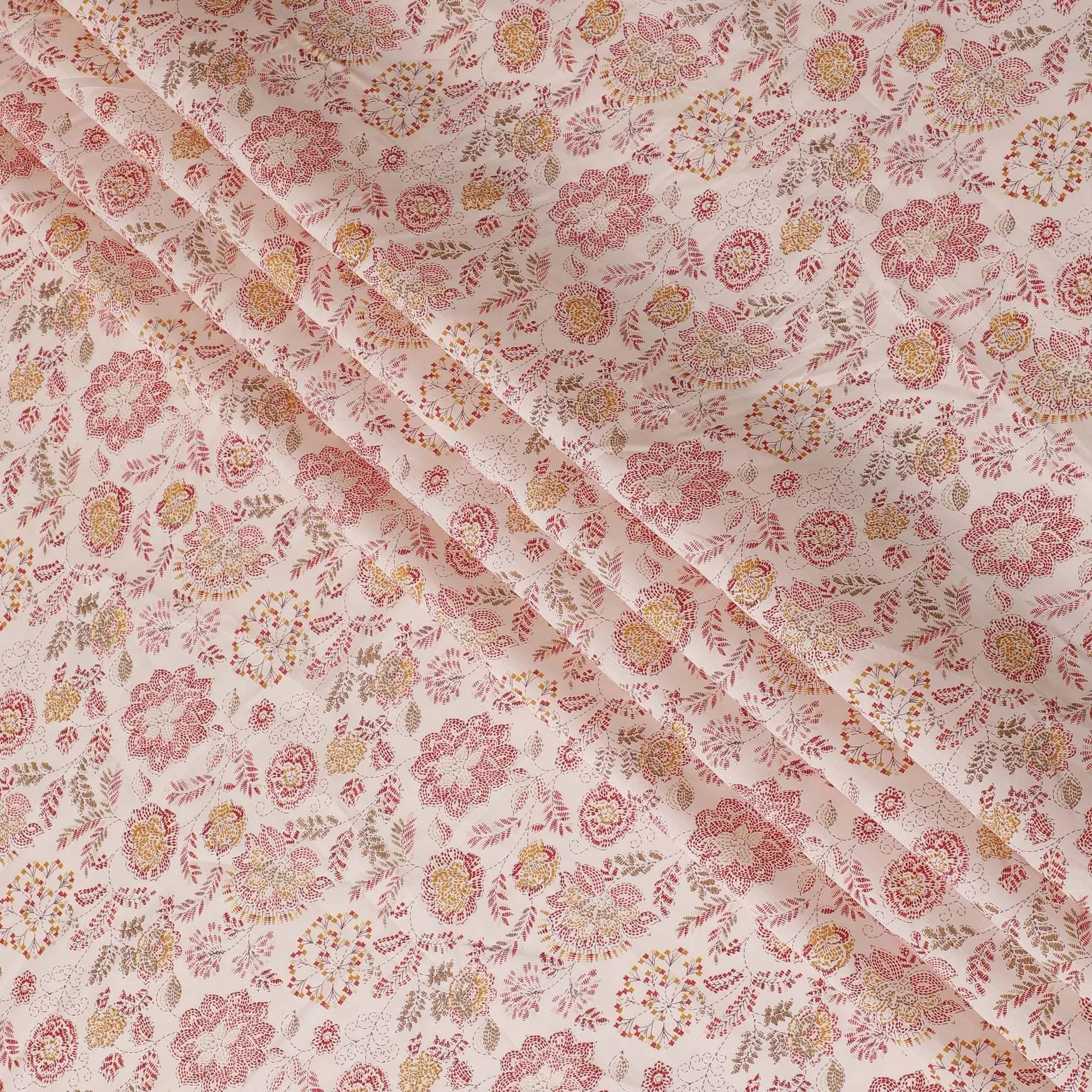 Peach chanderi viscose fabric with crimson red, gold and brown print in floral design-D15431