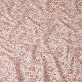 Peach chanderi viscose fabric with crimson red, gold and brown print in floral design-D15431