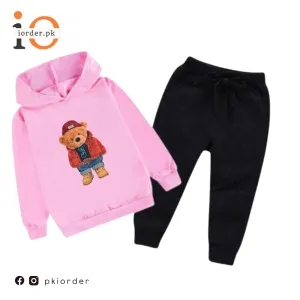 Pink Cute Bear Printed Kids Hoodie Set