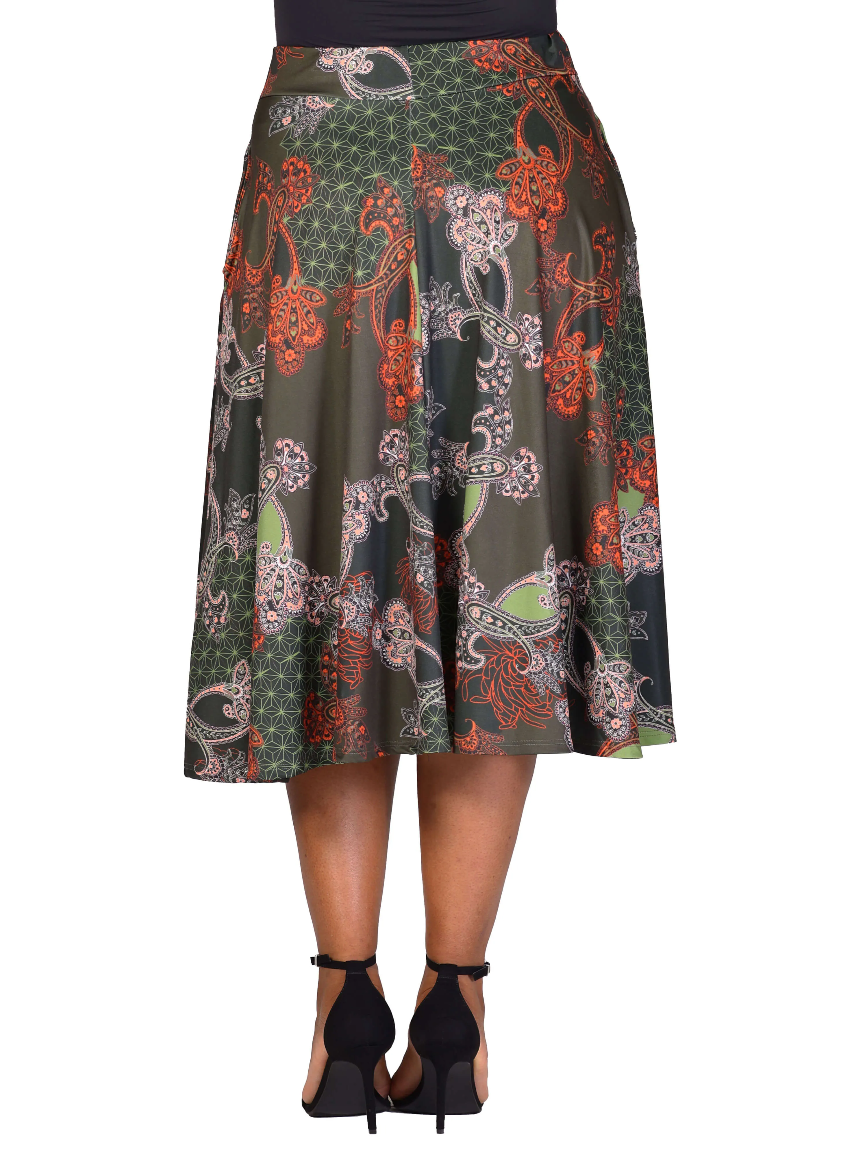 Plus Size Green Print Elastic Waist Pocket Midi Skirt