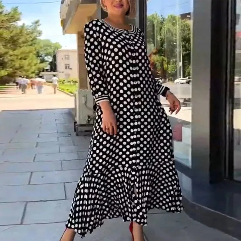 Polka Dot Long Sleeve Long Dress