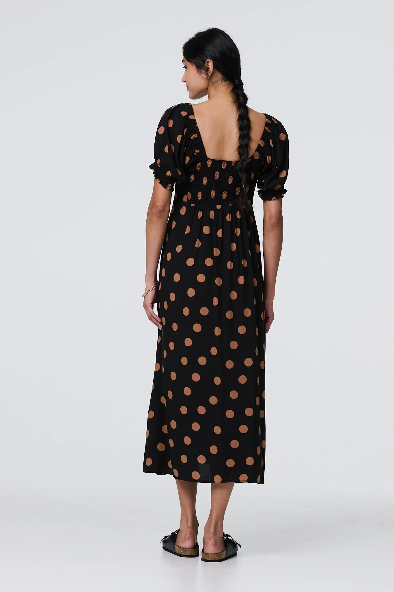 Polka Dot Puff Sleeve Midi Dress