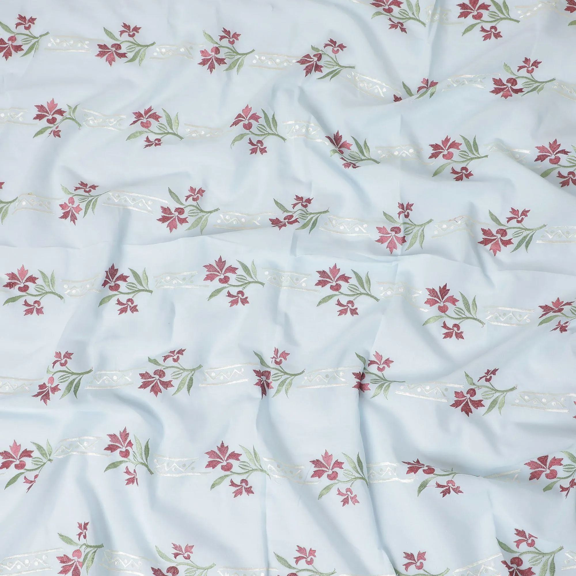 Powder blue premium pure cotton voile fabric with sage green, beige and crimson red embroidery in floral design-D13696