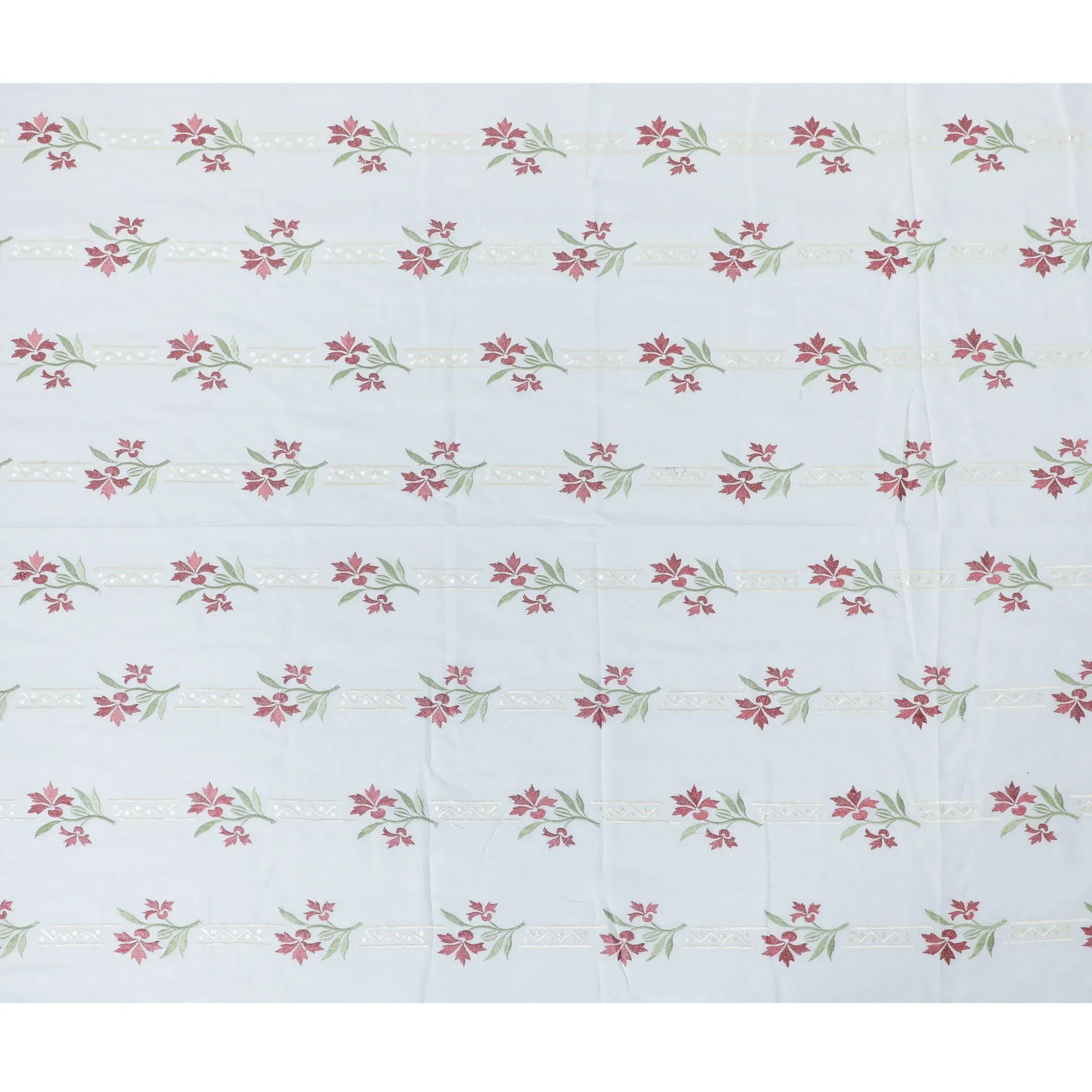 Powder blue premium pure cotton voile fabric with sage green, beige and crimson red embroidery in floral design-D13696