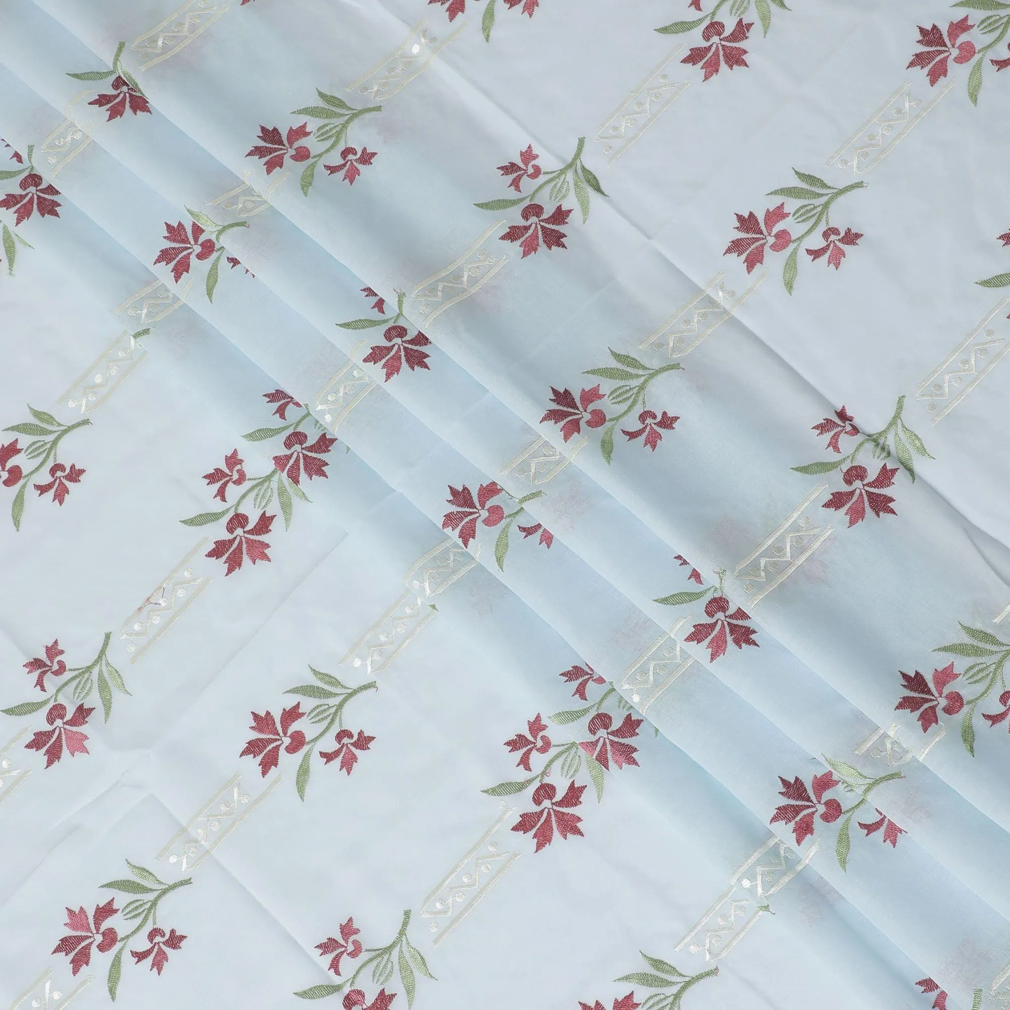 Powder blue premium pure cotton voile fabric with sage green, beige and crimson red embroidery in floral design-D13696