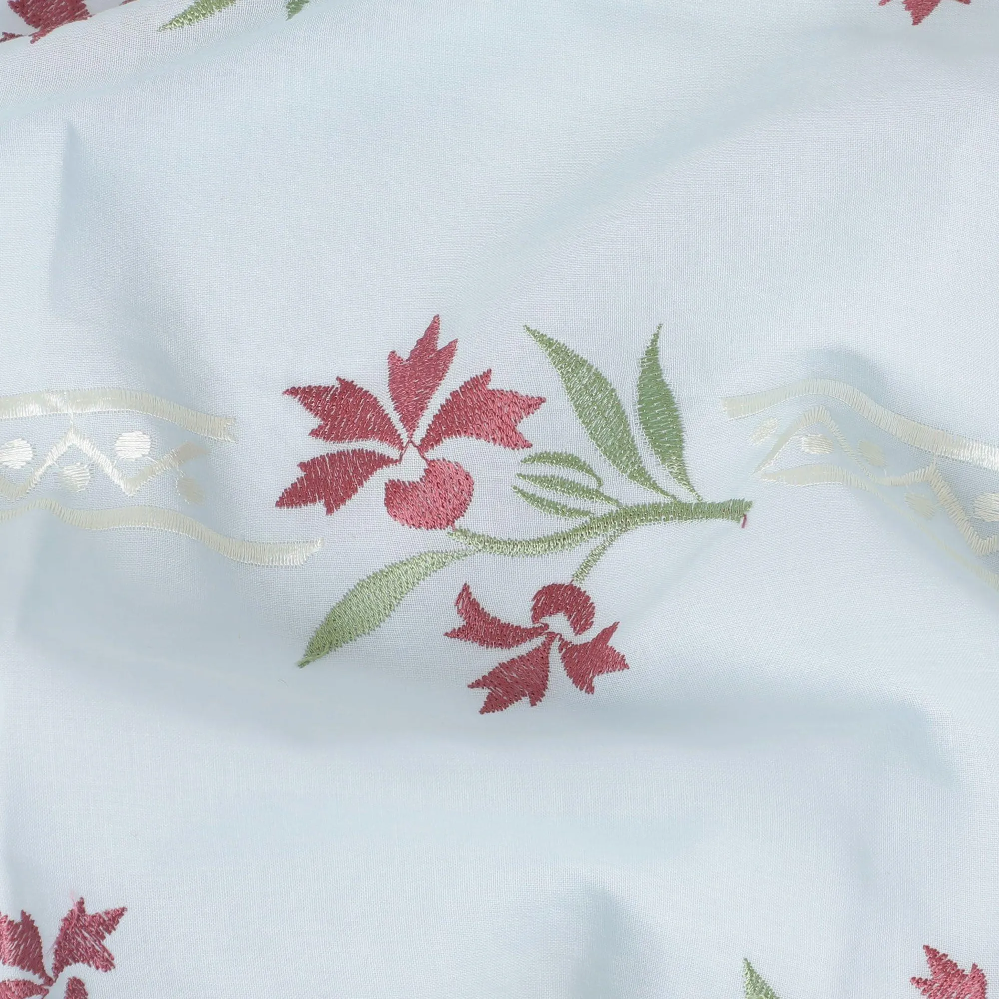 Powder blue premium pure cotton voile fabric with sage green, beige and crimson red embroidery in floral design-D13696