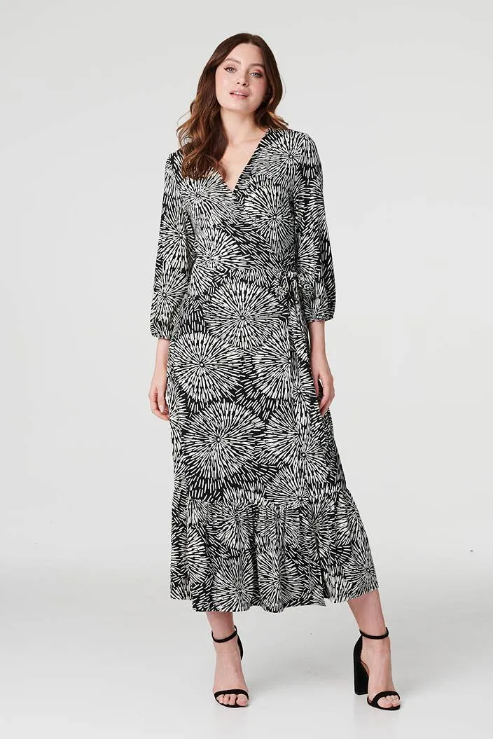 Printed 3/4 Sleeve Midi Wrap Dress