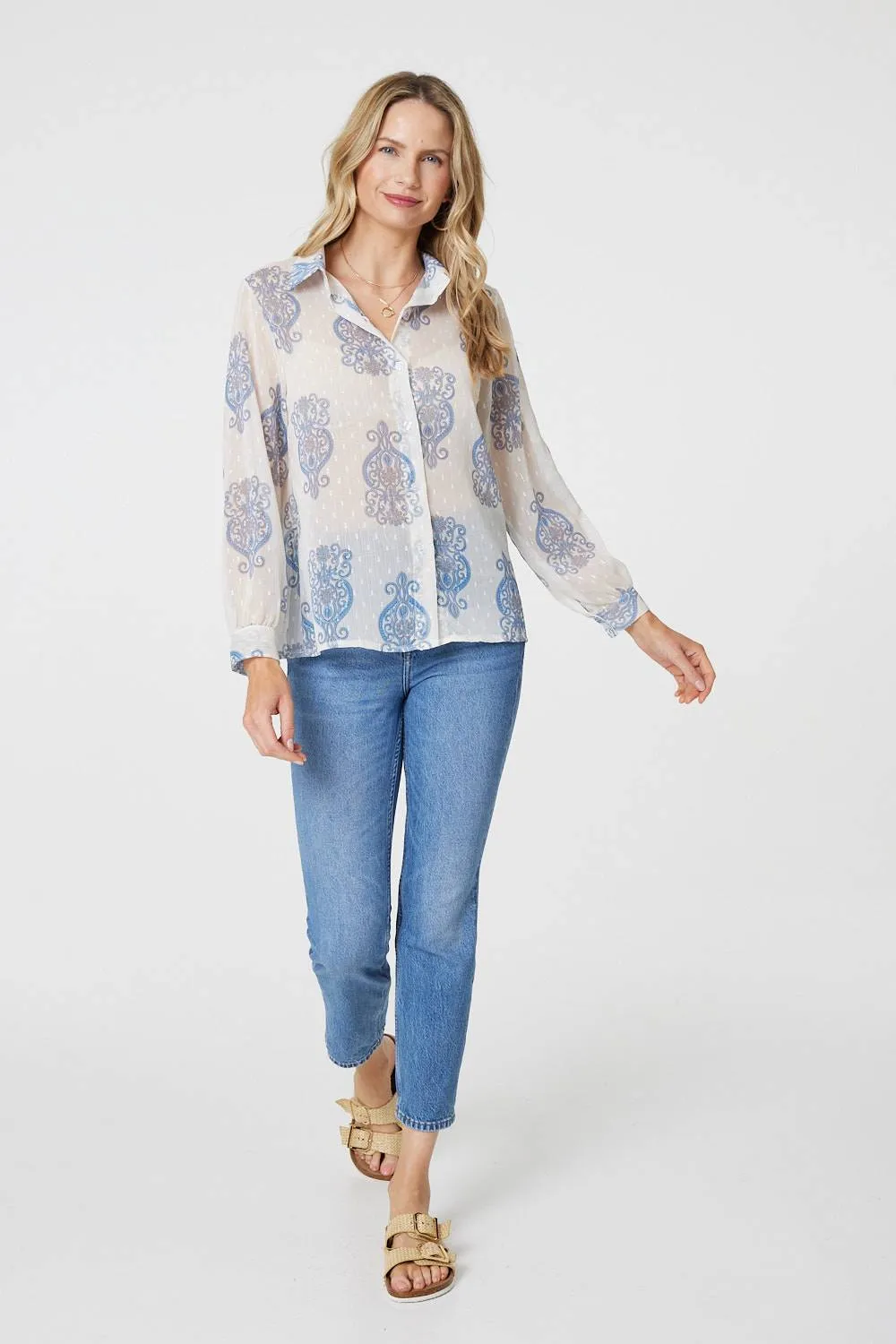 Printed Button Down Tie Front Shirt