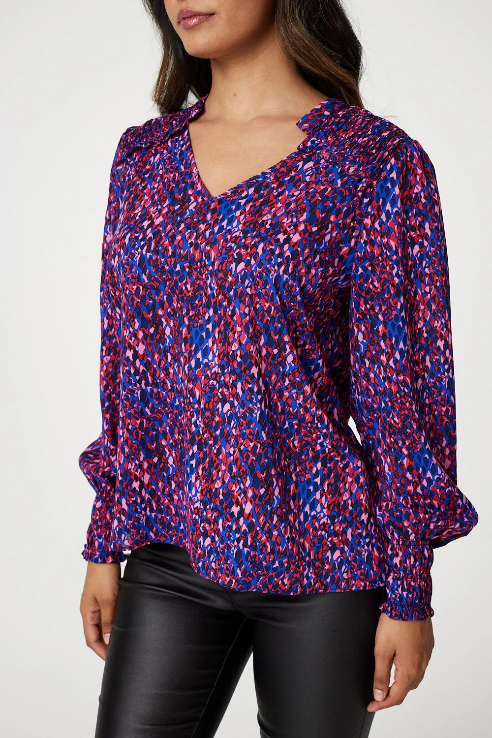 Printed Shirred Shoulder Blouse