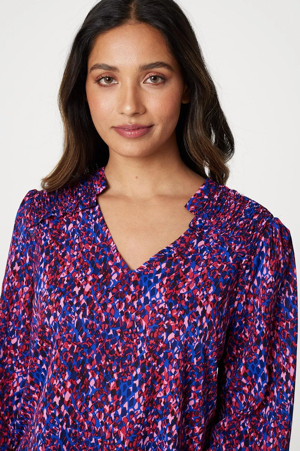 Printed Shirred Shoulder Blouse