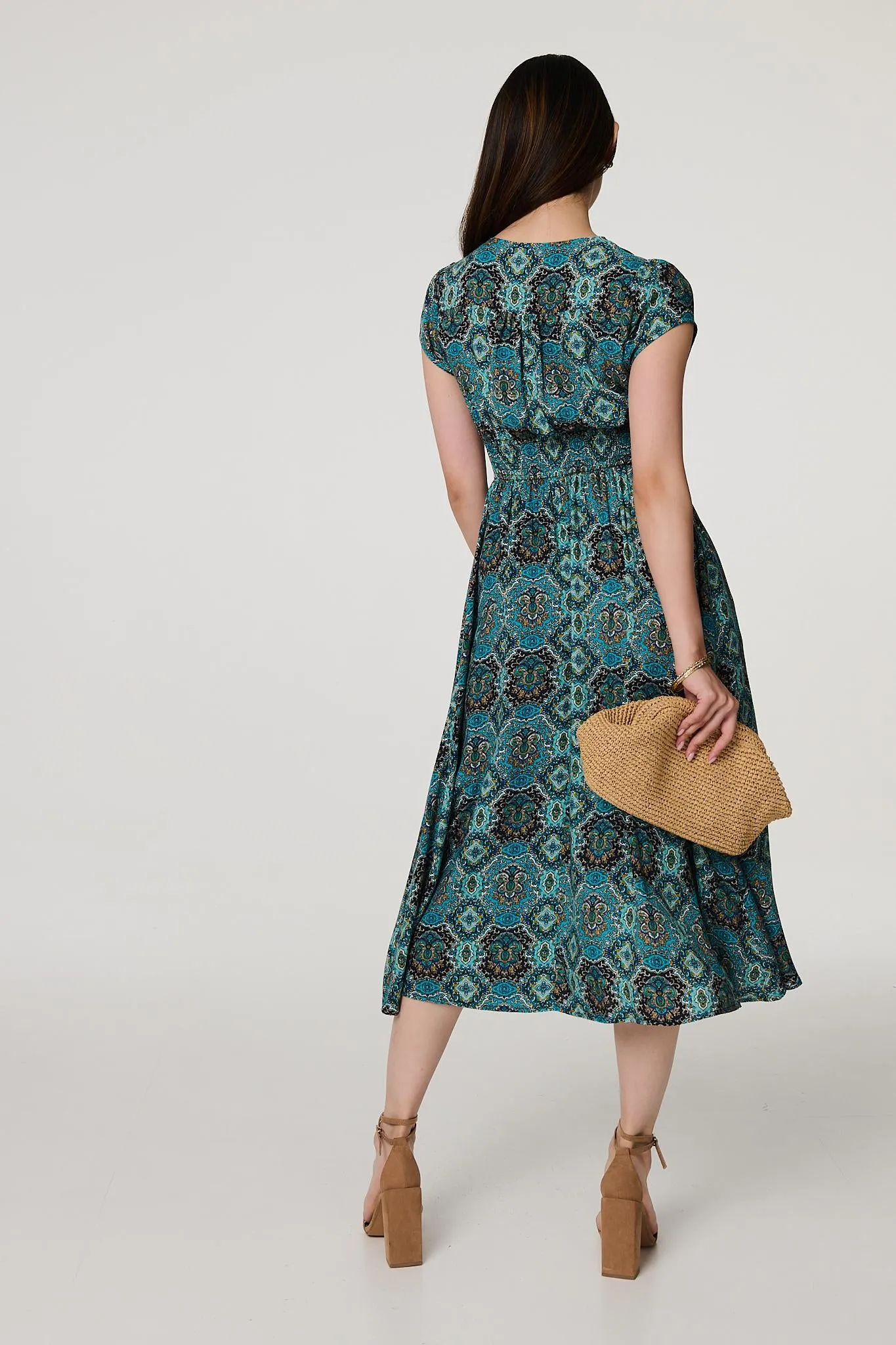 Printed V-Neck Cap Sleeve Midi Dress