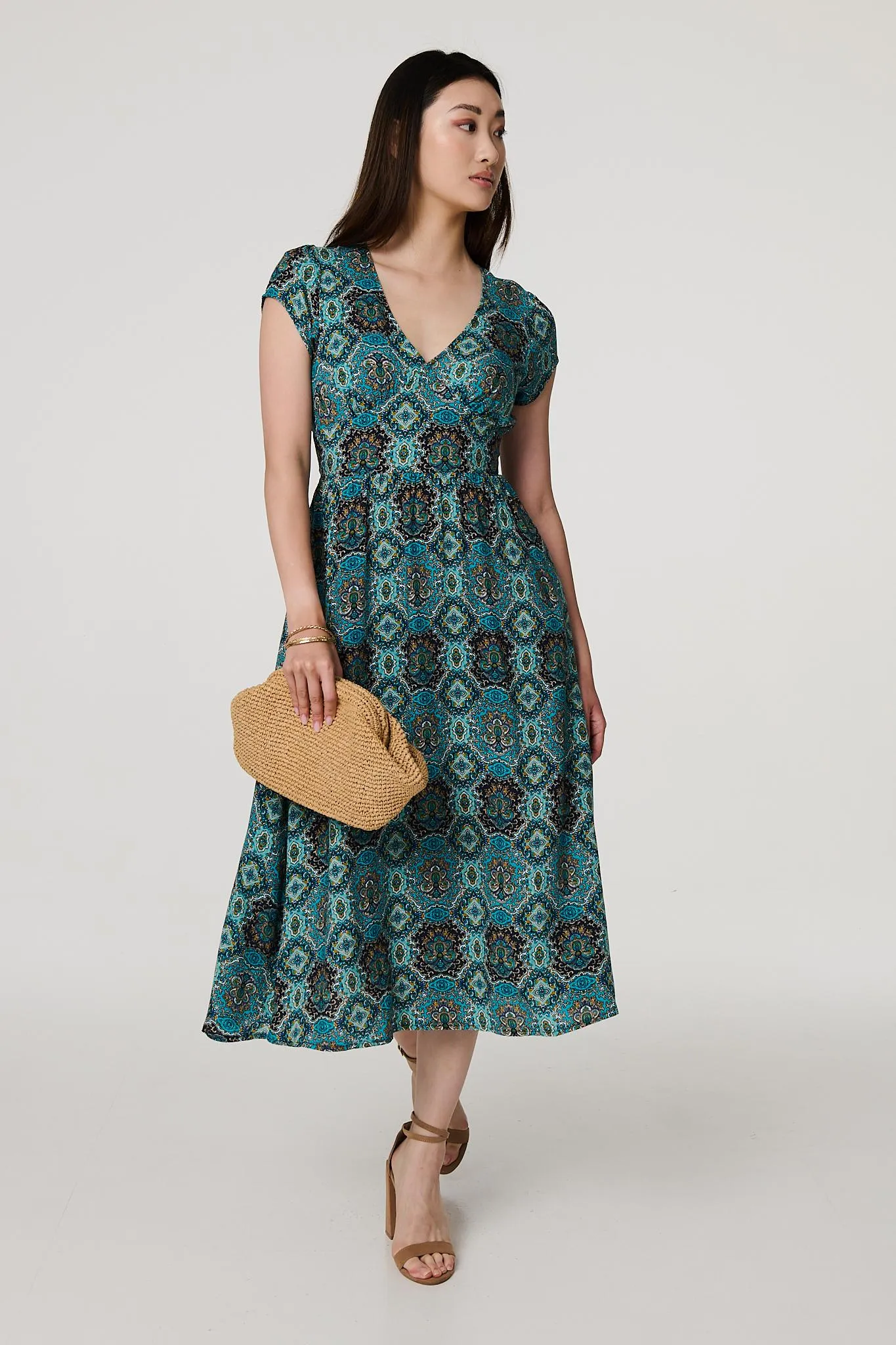 Printed V-Neck Cap Sleeve Midi Dress