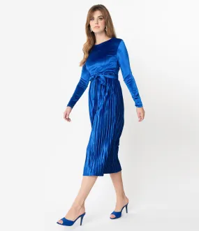 Retro Style Royal Blue Velvet Pleated Modest Midi Dress