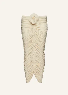 Ruched rose appliqué midi skirt in beige