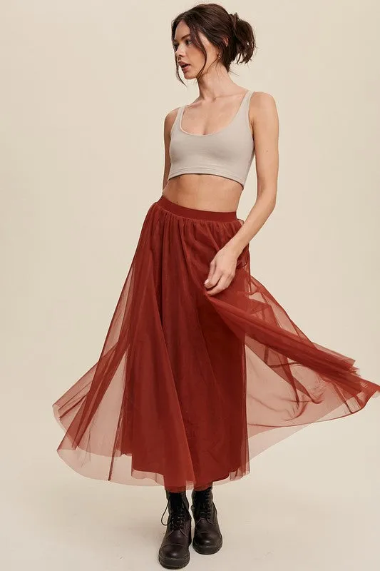 Rust Elastic Waist Maxi Tulle Skirt