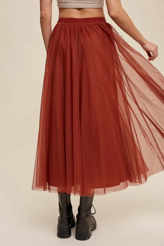 Rust Elastic Waist Maxi Tulle Skirt