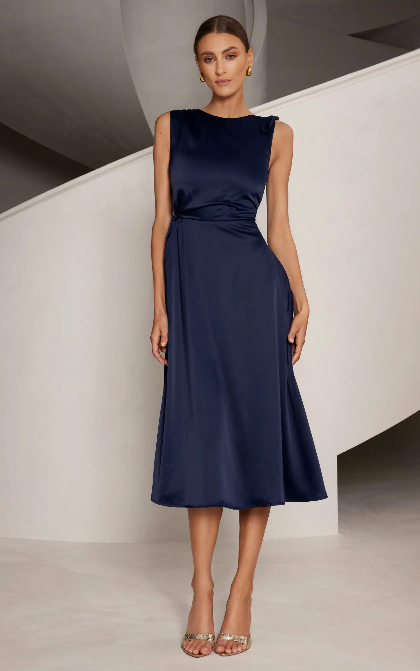 Satin A Line Midi Dress - Midnight Blue