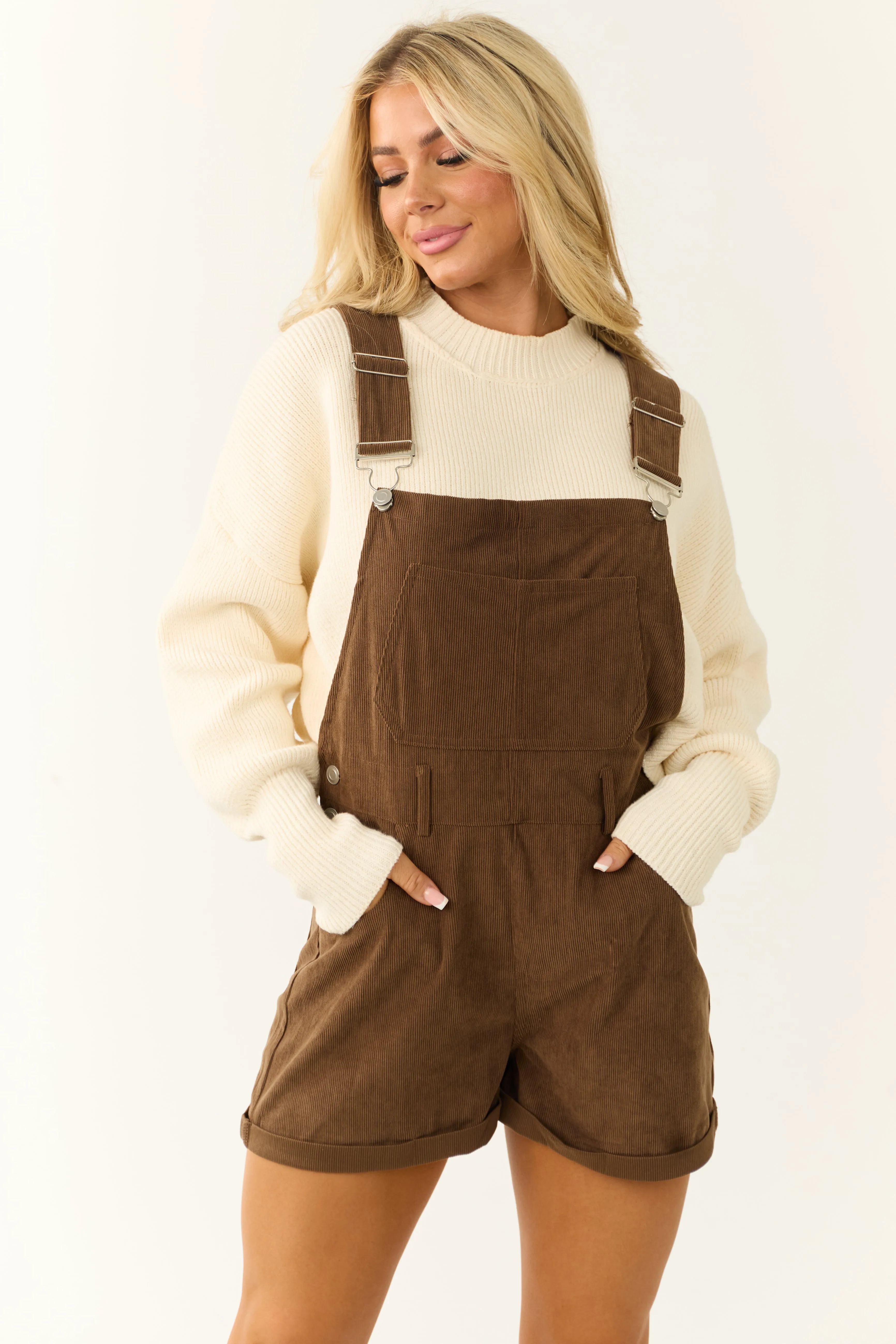 Sepia Corduroy Buckle Strap Overalls Romper