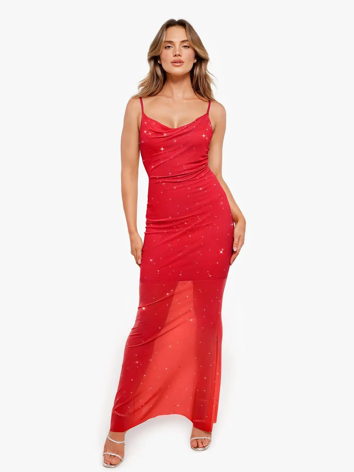 Shapewear Heat-Set Crystal Mesh Slimming Maxi Slip Dress