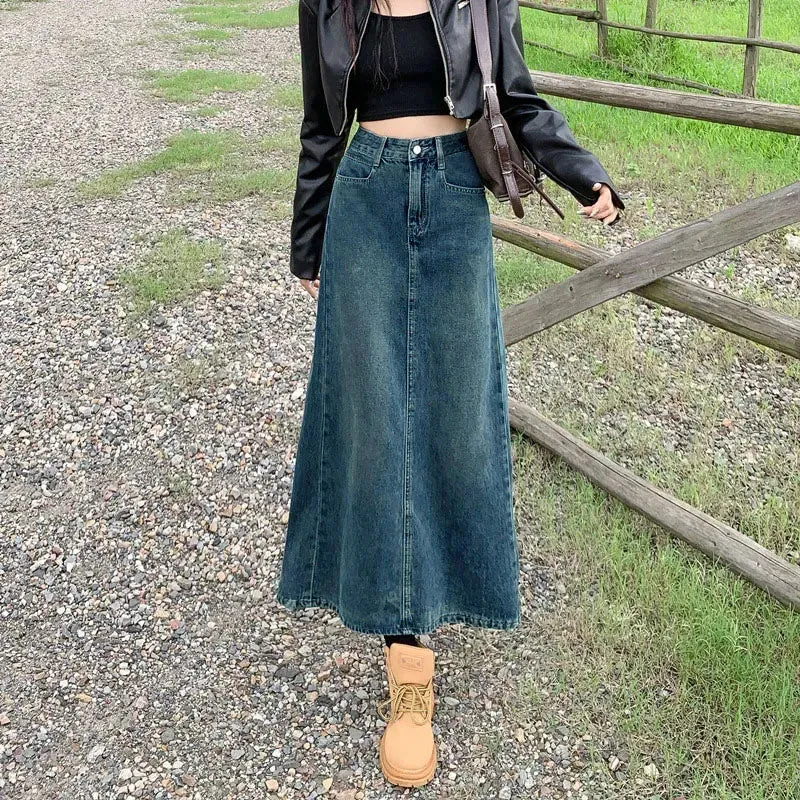 Split Denim Skirt for Women Spring Summer New Y2K High Waist Long Skirt Female Vintage Blue A-Line Jean Skirts