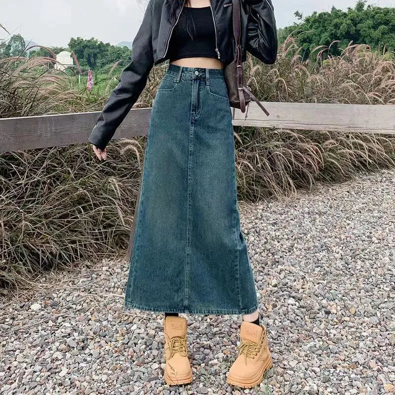 Split Denim Skirt for Women Spring Summer New Y2K High Waist Long Skirt Female Vintage Blue A-Line Jean Skirts