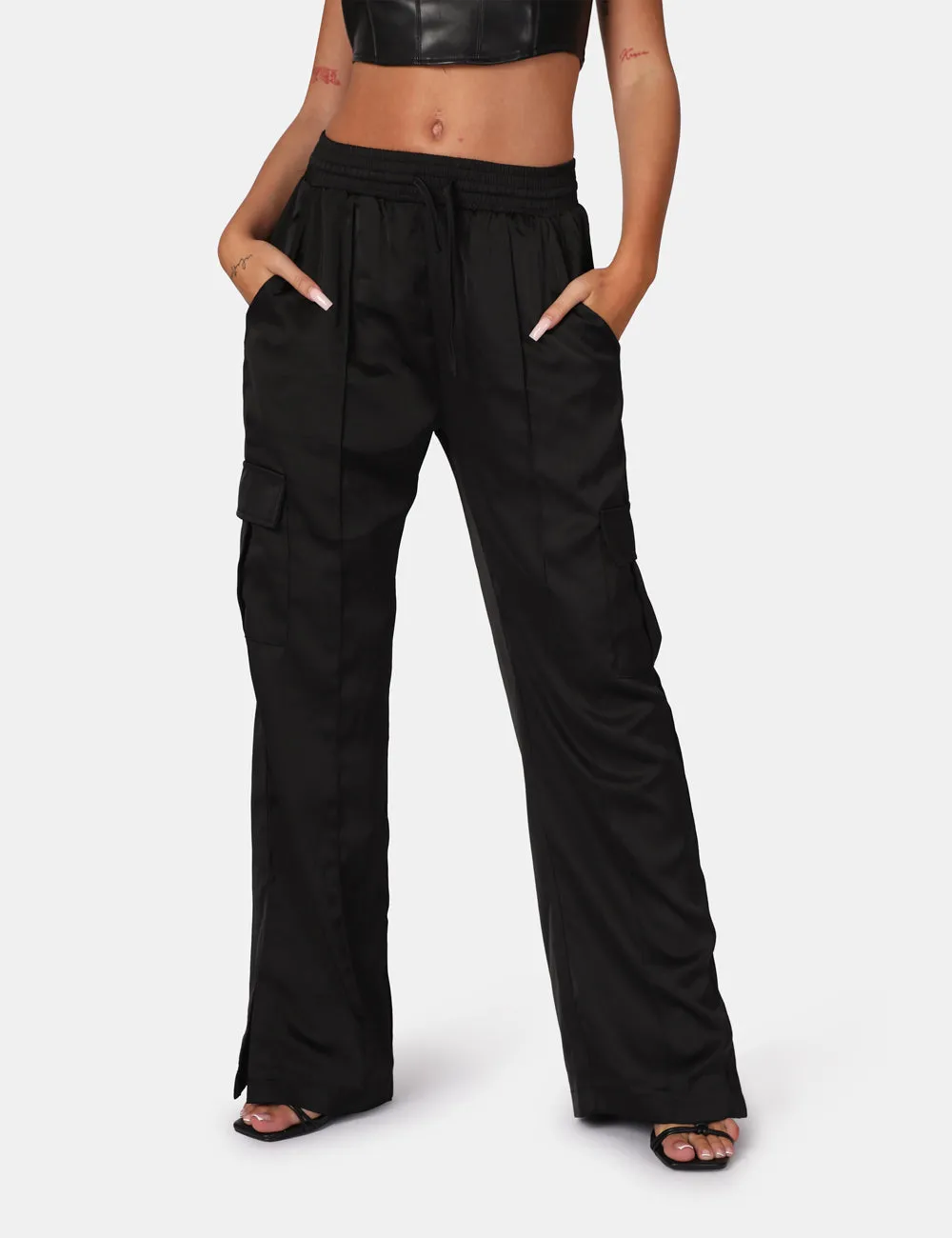 Split Hem Satin Elasticated Waist Wide Leg Cargo Trousers Black