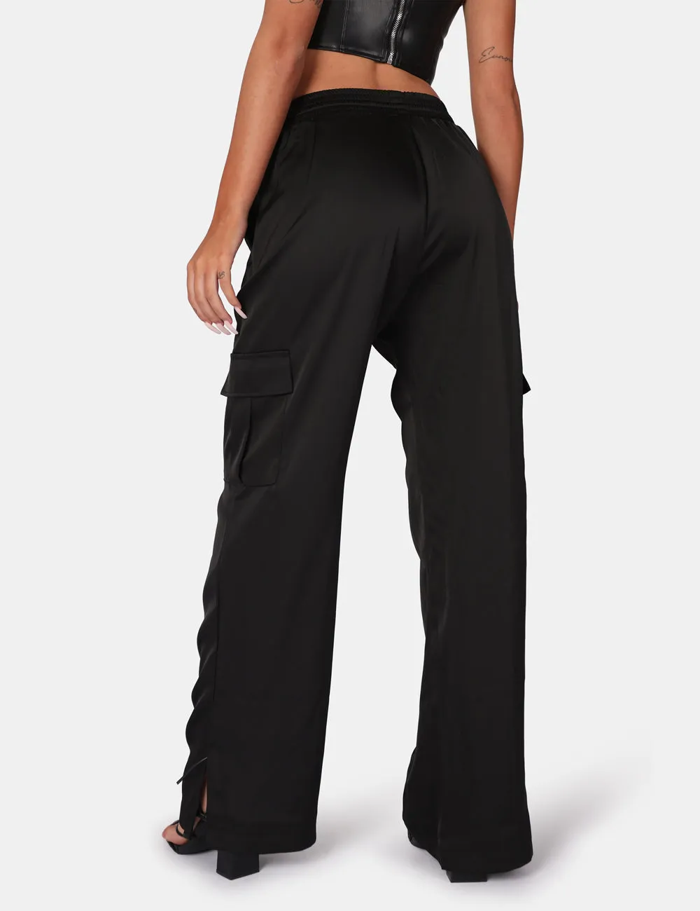 Split Hem Satin Elasticated Waist Wide Leg Cargo Trousers Black