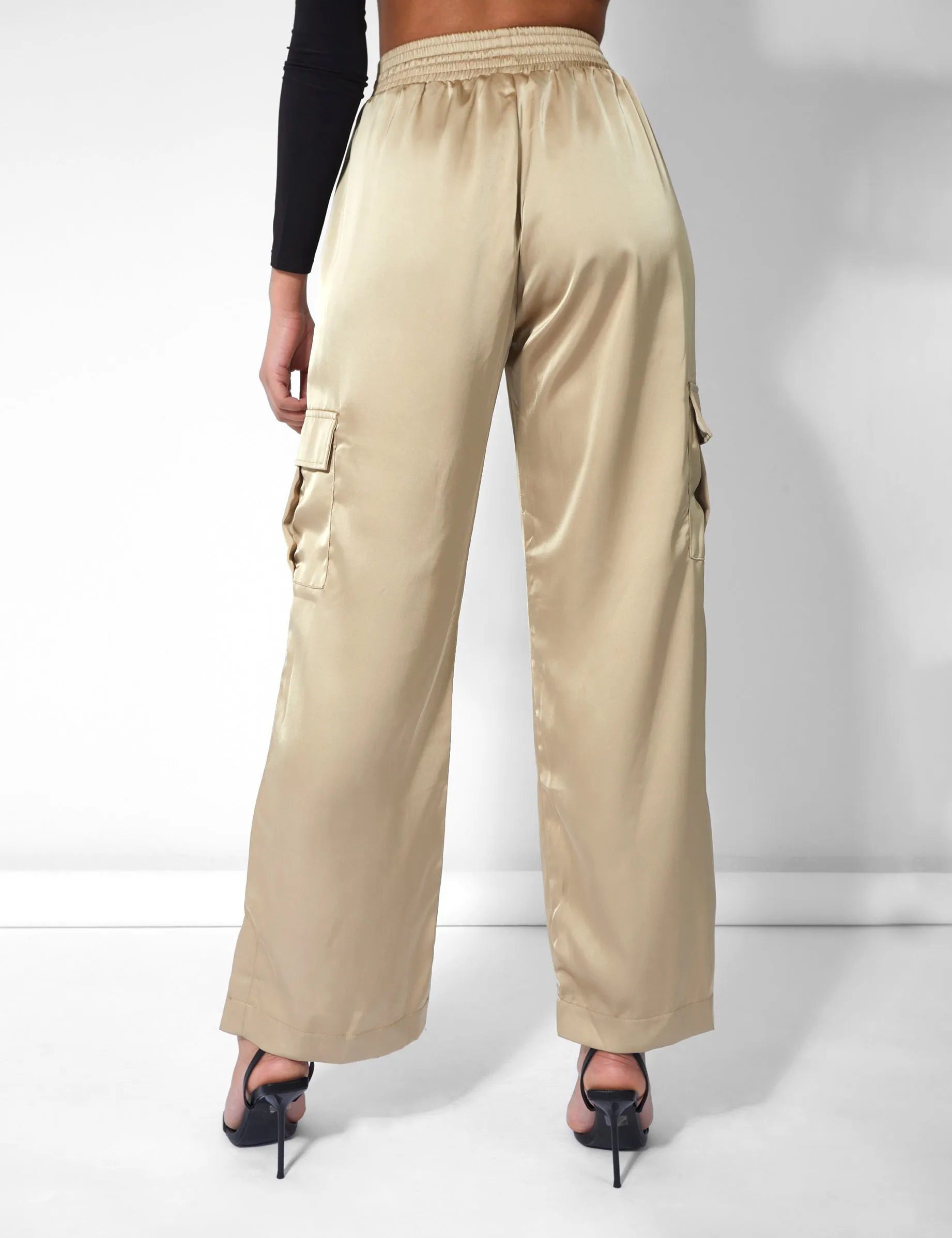 Split Hem Satin Elasticated Waist Wide Leg Cargo Trousers Champagne