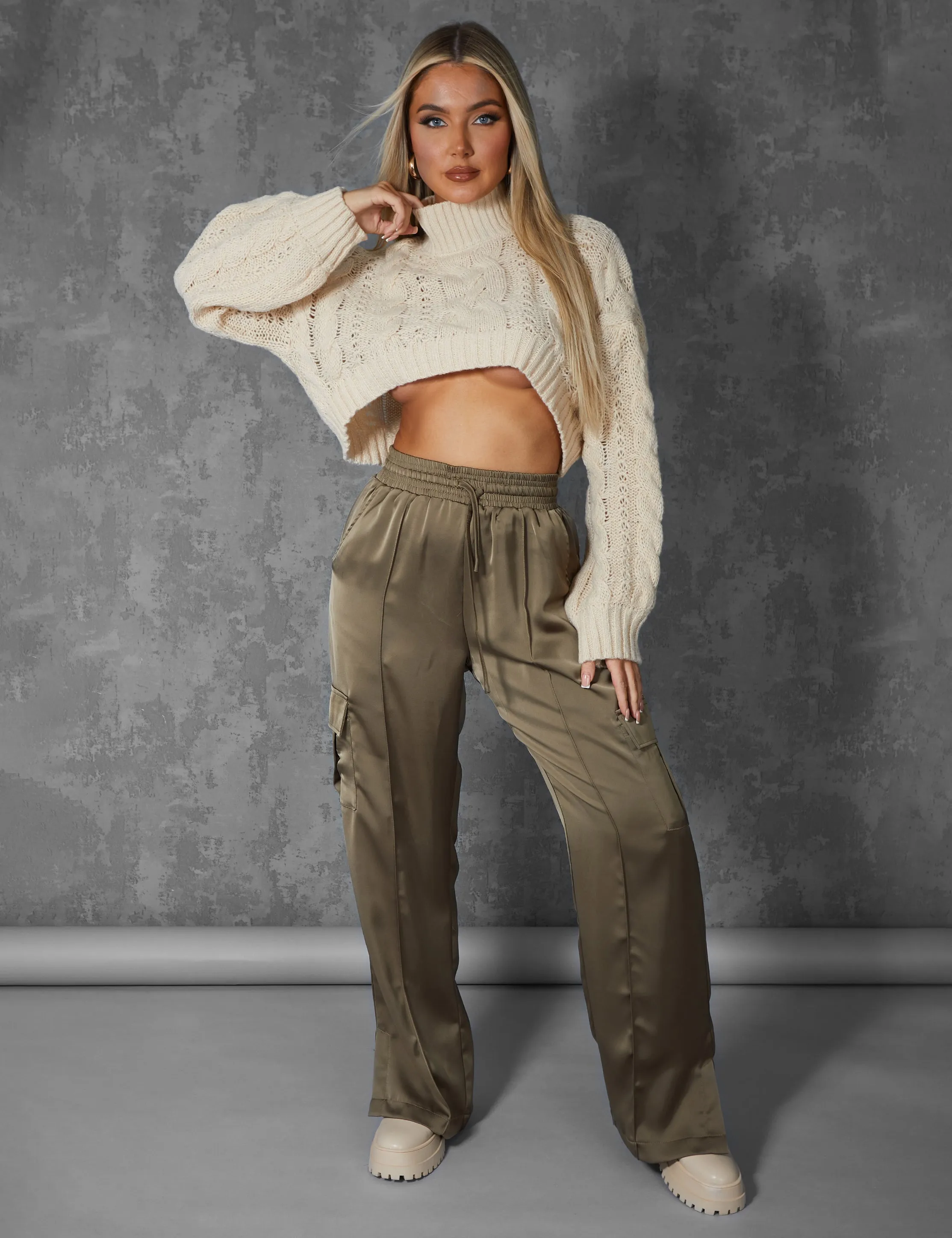 Split Hem Satin Elasticated Waist Wide Leg Cargo Trousers Khaki