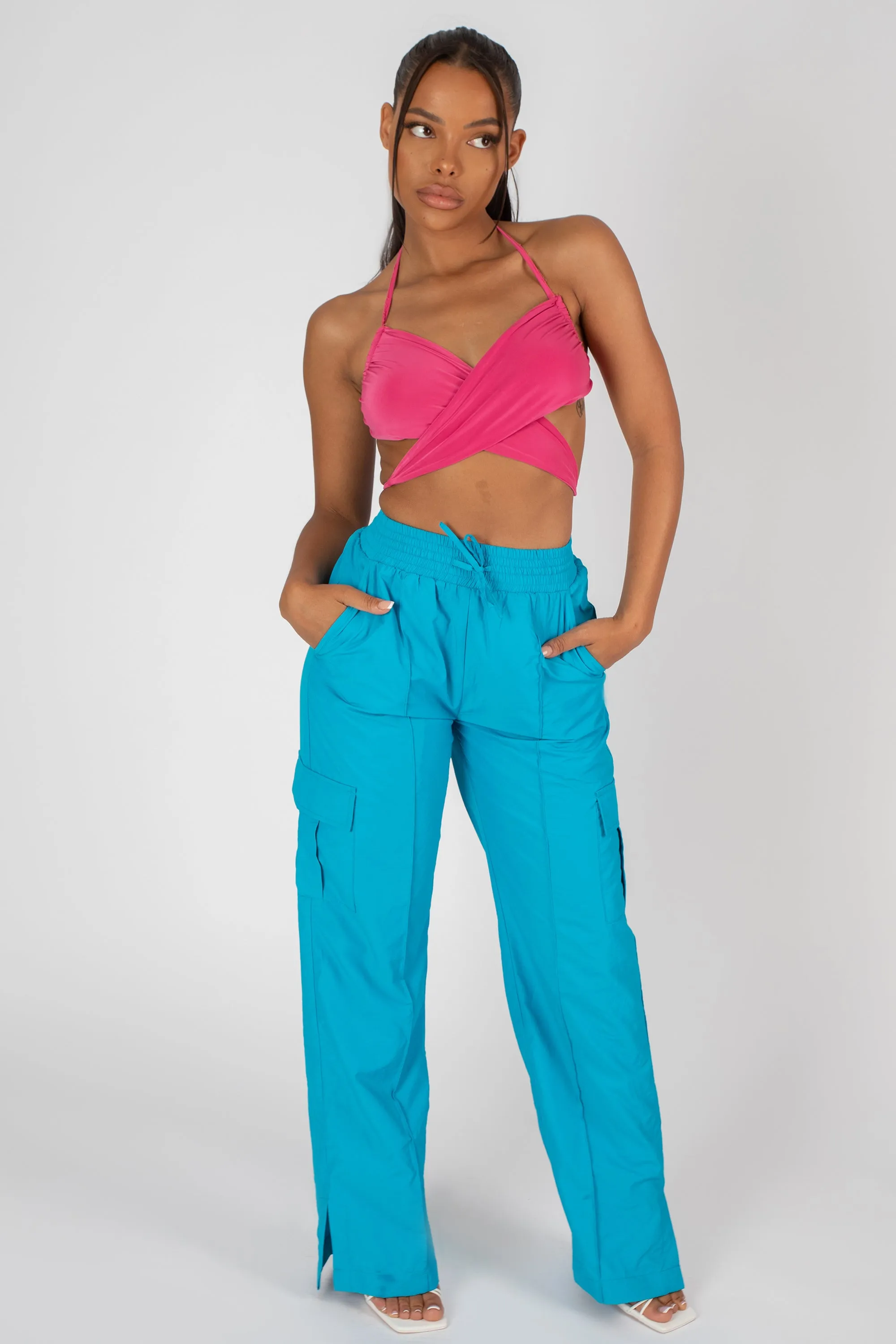 Split Hem Wide Leg Cargo Pocket Trouser Blue