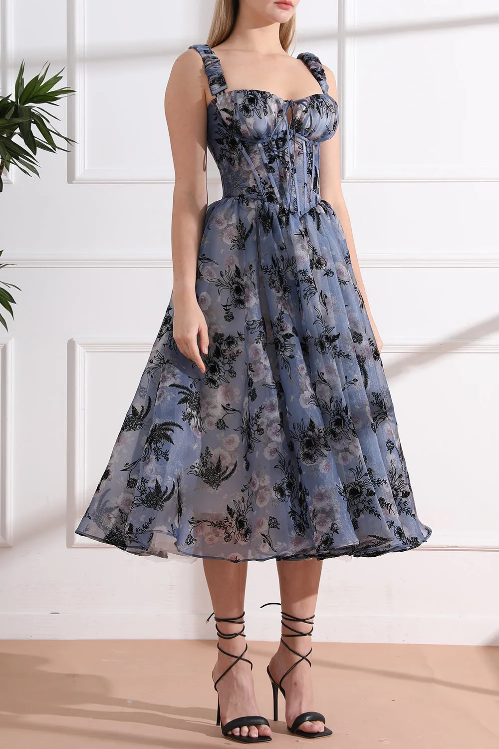 Straps Corset Floral Print Organza Midi Dress